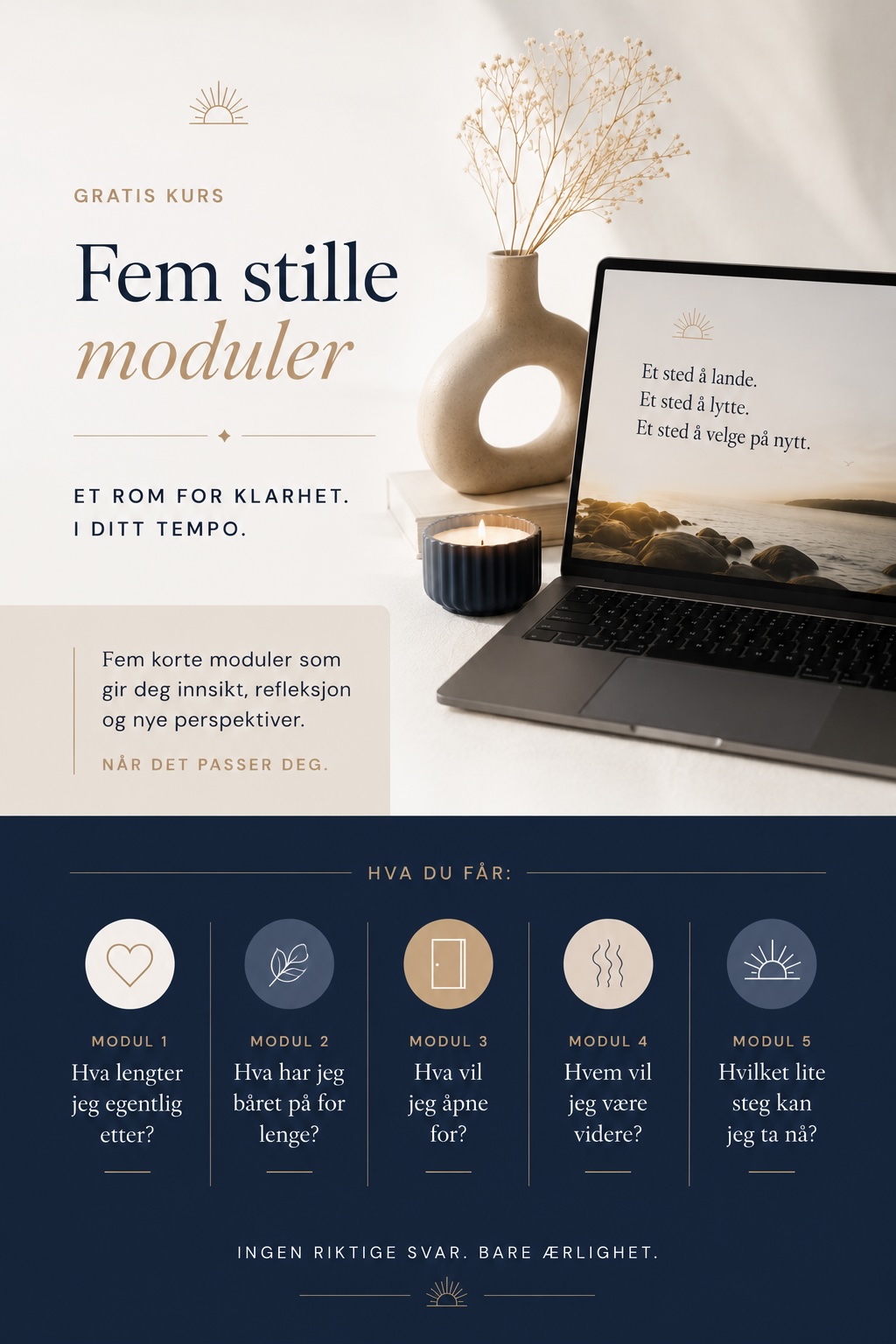 Mini-kurset i fem stille moduler — laptop, vase med tørket gress, te-kopp